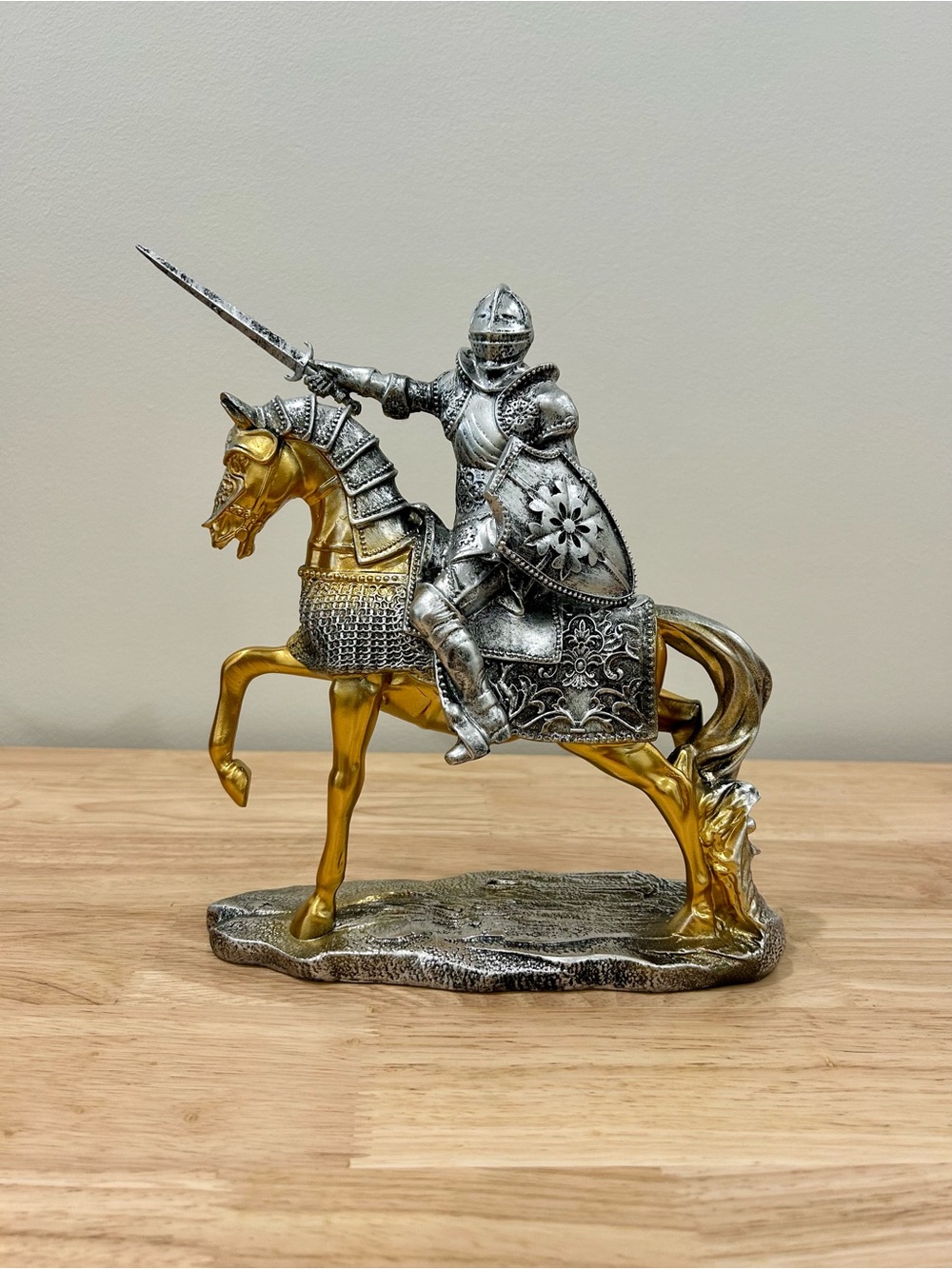 Medieval Knight on Horse Figurine Silver & Gold Decorative Statue